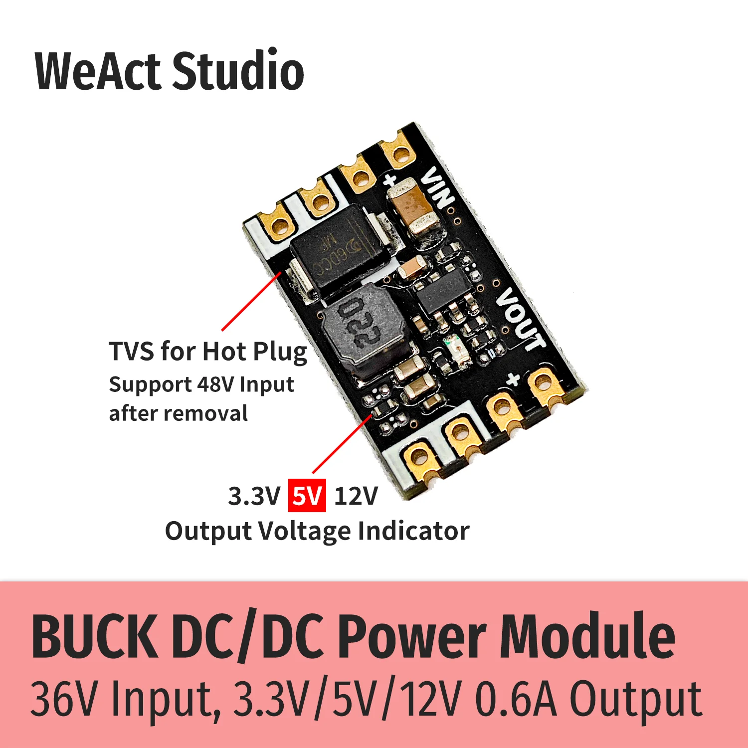 WeAct Buck modul daya Step-Down DC/DC 36V Input maks 3.3V/5V/12V Output 0,6 A arus maks