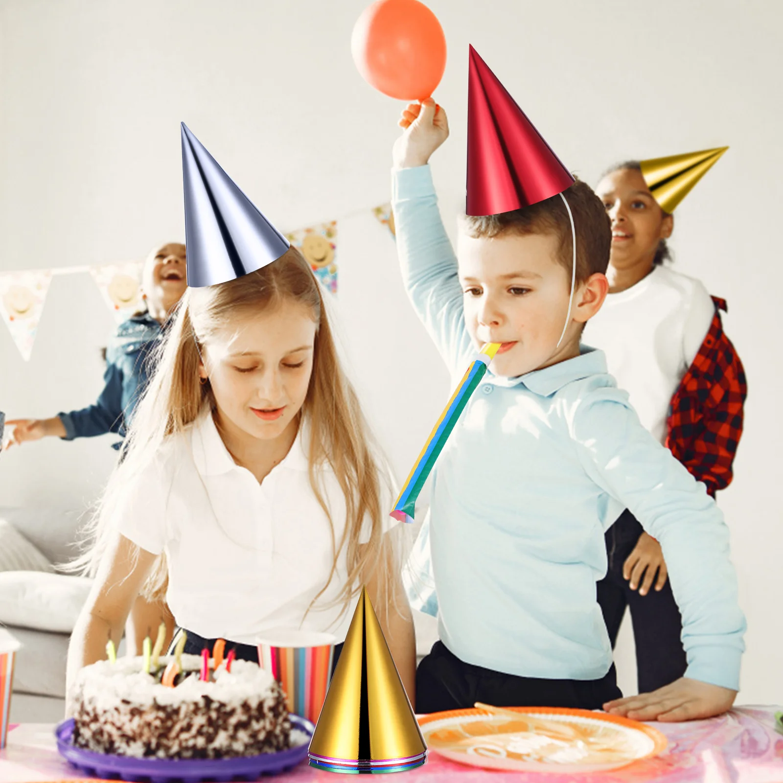 12 Uds. Sombrero de fiesta para niños, sombreros cónicos, gorras, decoraciones coloridas de cumpleaños, suministros decorativos de papel metálico