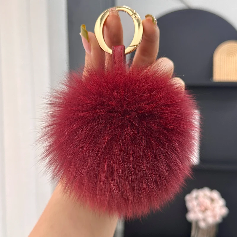 Keychain With Pompoms 15cm Fluffy Real Fox Fur Ball 13cm Fox Pom Backpack Handbag Car Leather Strap Keychain Key Chain