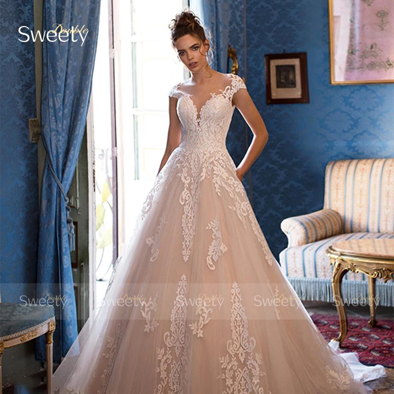 Elegant Wedding Dress Embroidered On Net With A-Line Floor Length Ball Gown Sleeveless O-Neck Bride Customized Vestido De Novia