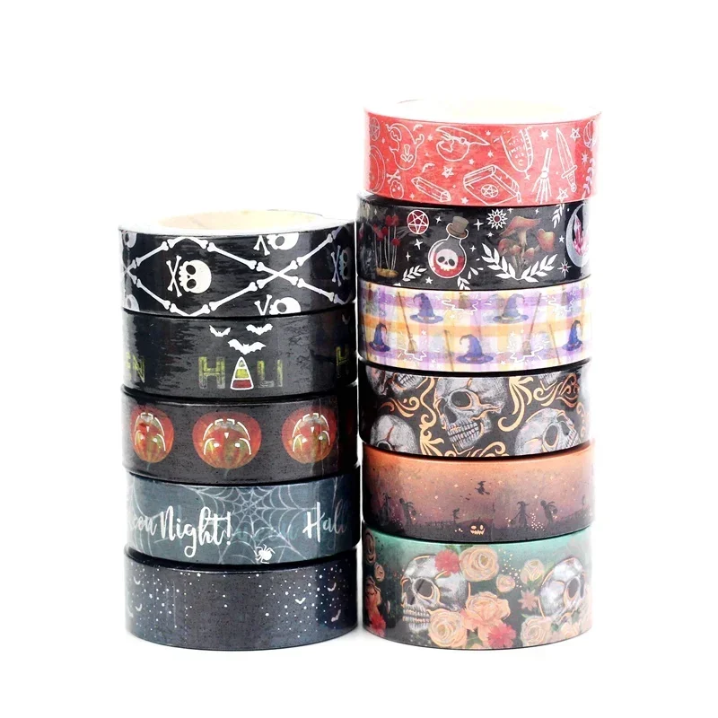 Single Roll 10M Deco Gold & Silver Foil Mushroom Skull Rose Moon Pumpkin Halloween Masking Washi Tape Set for Planner Stationery