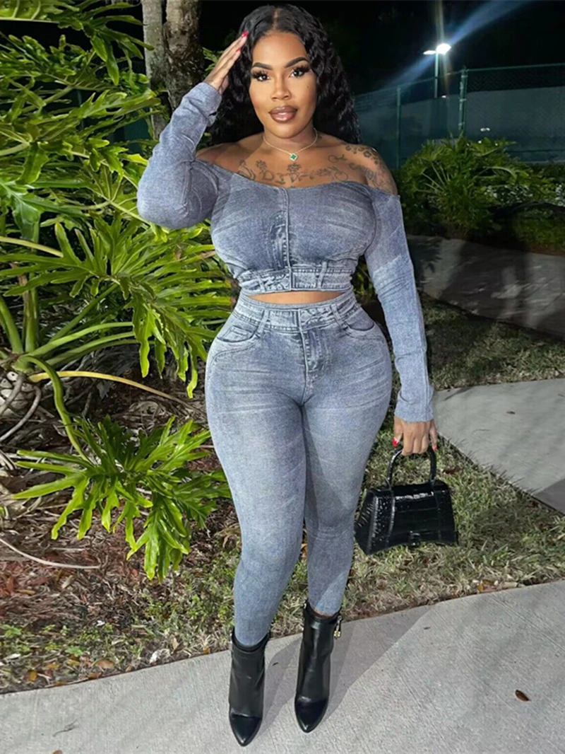 Faux Jean imprimé 2 pièces pour femmes, tenue d'automne, épaules dénudées, haut court, pantalon slim, survêtement décontracté