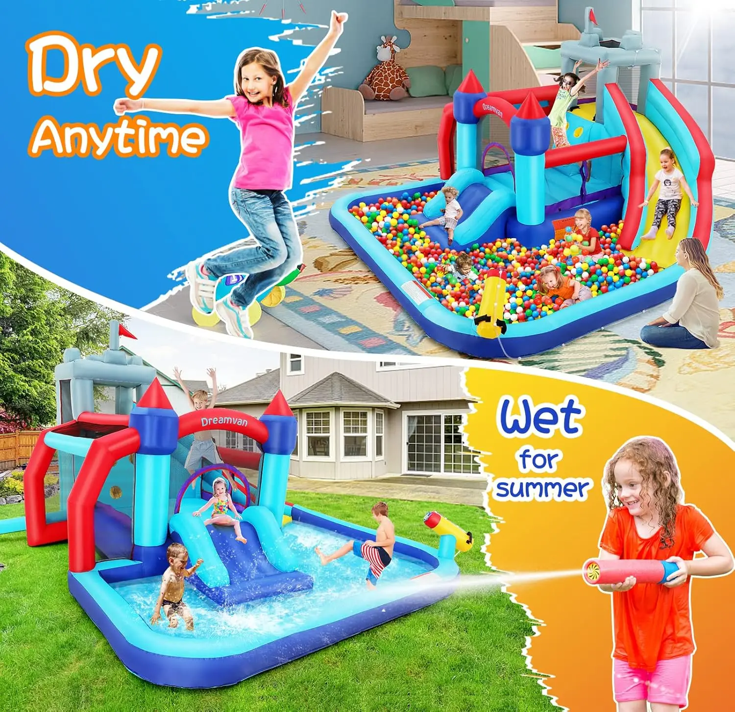 Bounce House waterglijbaan voor kinderen, 10-in-1 grote waterglijbaan opblaasbaar waterpark met splash pool lange glijbaan sprinklerblazer, zwart