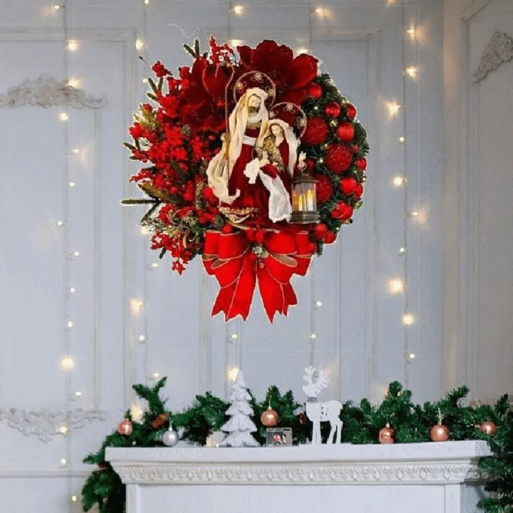 

Red Christmas Wreath Wooden Oil Lamp Door Hanging Artificial Garland 2D Reusable Christmas Ornaments Merry Christmas