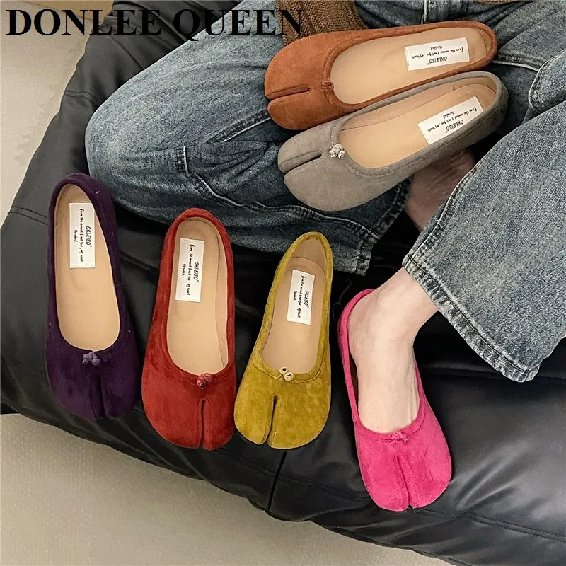 2023 New Suede Bowtie Tabi Ninja Shoes Woman Flat Soft Trotters Split Toe Ballet Ladies Round High Heeled Loafers Femmes Tacones