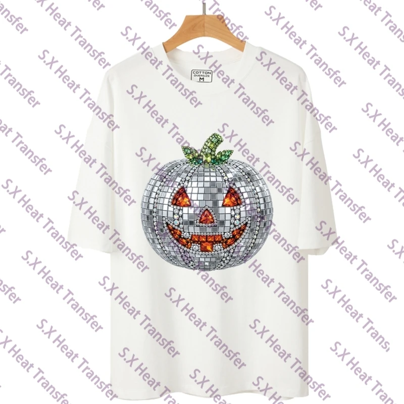 22cm Halloween Imitation Rhinestone Sparkly Ghost Pumpkin DTF Heat Transfer Stickers Iron On Transfers For T Shirts Clothing DIY