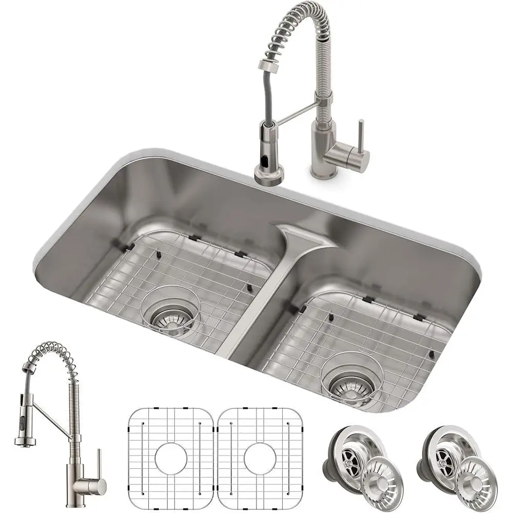 Undermount Kitchen Sink 33 inch Deep Double Bowl Stainless Steel with Pull Down Faucet Commercial Grade Set 18 inch Sprayer