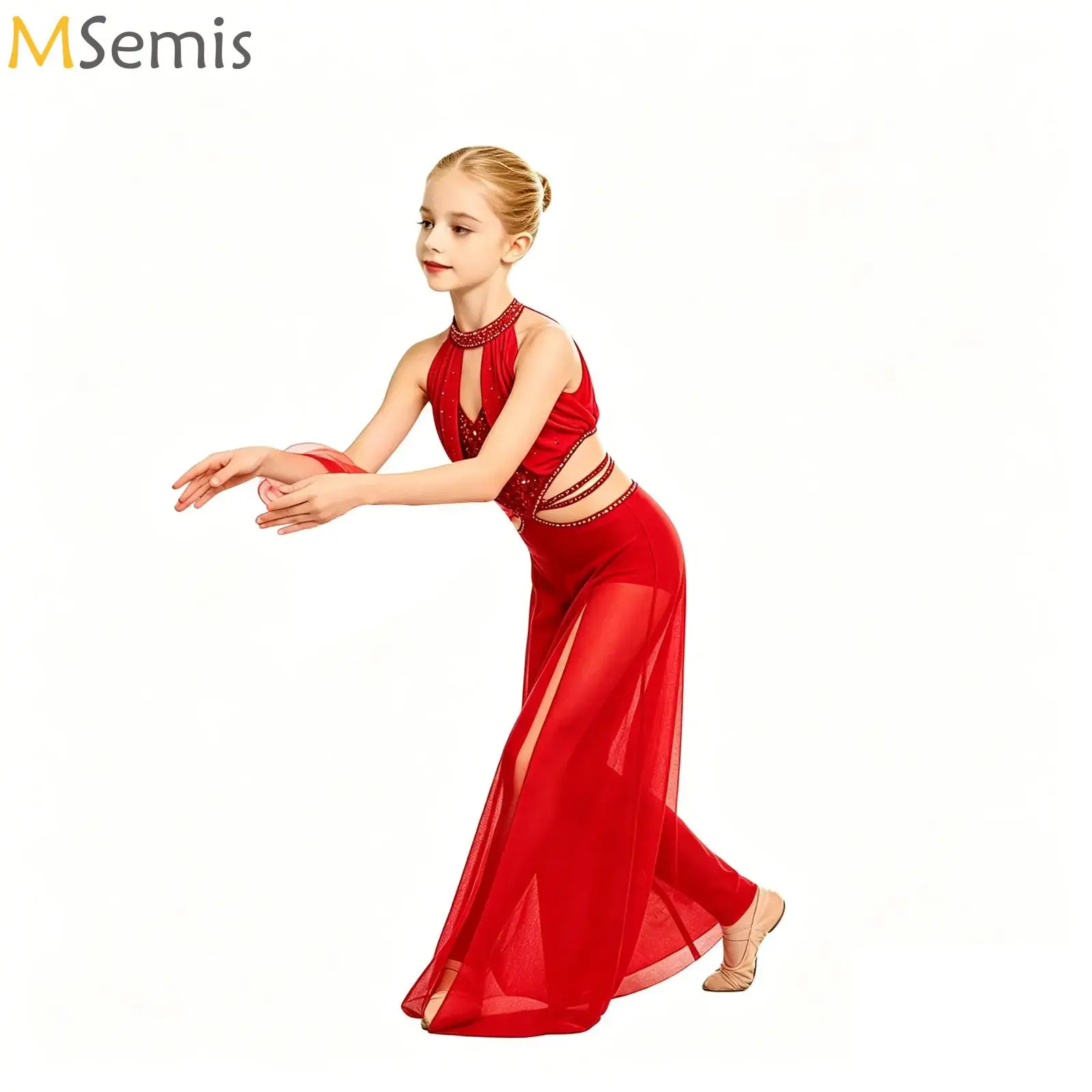 

Kids Girls Modern Lyrical Dance Performance Jumpsuit Sequin Sheer Mesh Briefs Bodysuit Ballet Gymnastics Acrobatics Costume