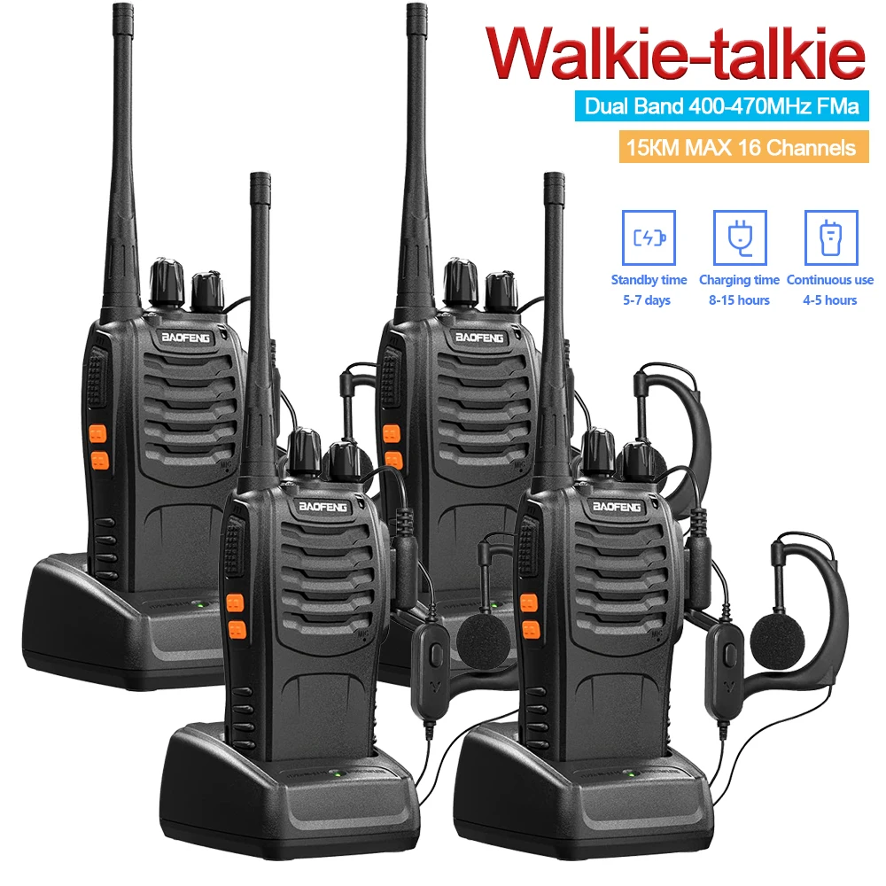 

4 шт. перезаряжаемых раций Baofeng 888S с большим радиусом действия, подходят для взрослых, 16-канальная профессиональная портативная двухсторонняя радиостанция