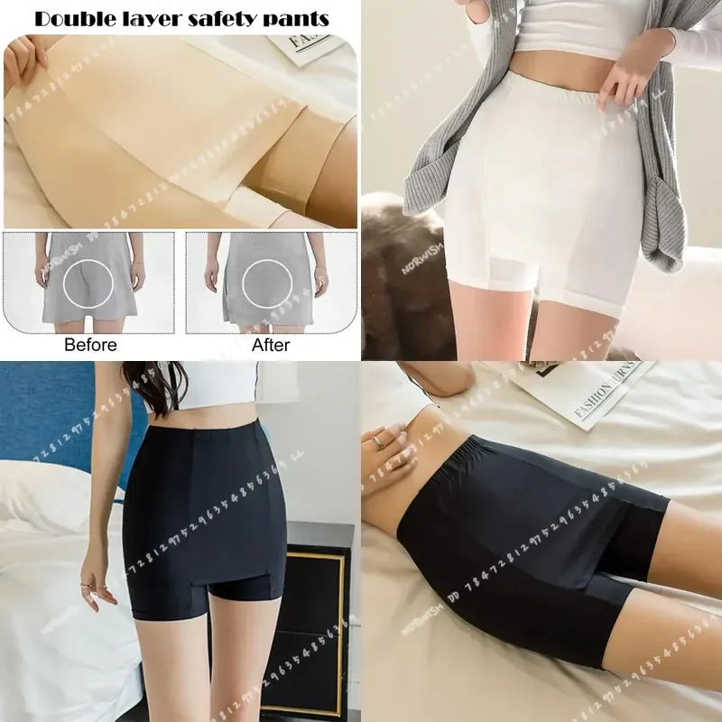 Double Layer Safety Panties for Girls Women High Waist Boxer Shorts Protective Underwear for Summer Dress Skirt Anti Slip