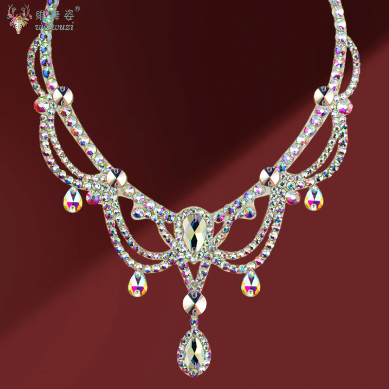 Acessórios de desempenho de dança moderna personalizado high-end luxo ab pedras colar ornamento de competição de dança do ventre