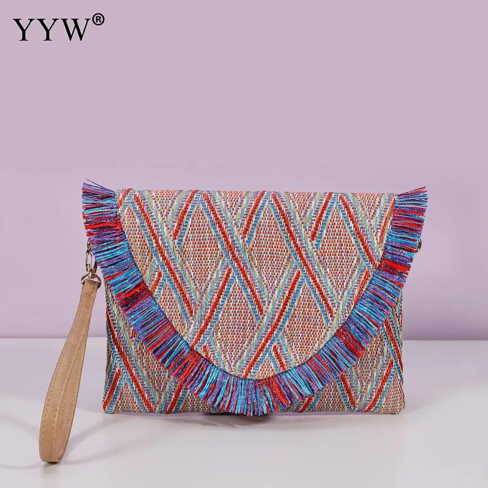 Raffia Woven Clutch Women\'S Fashion Tassel Dinner Straw Bag Woman Summer Casual Vacation Handbags Female Large Purse Pouch 2023