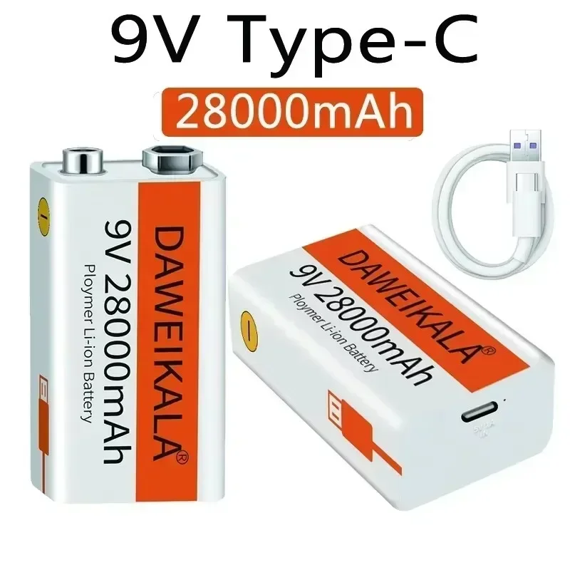 Long-Lasting 9V Lithium ion Rechargeable Battery High Capacity for Guitar Microphone Smoke Detector Pedal with Cable
