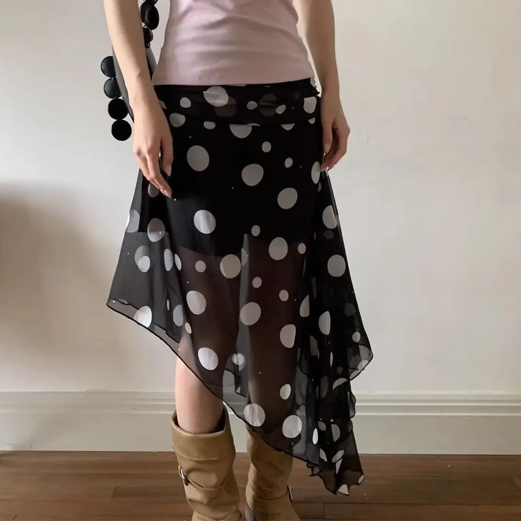 2026 summer fashion on the new Korean wear black polka dot irregular mesh stitching design long skirt skirt