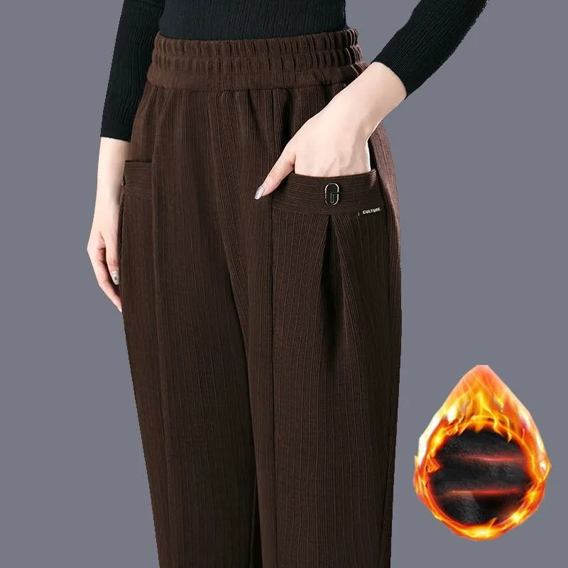 Autumn and Winter Women's Pocket Elastic Corduroy Chenille Solid Loose High Waist Elastic Harlan Fashion Casual Elegant Pants