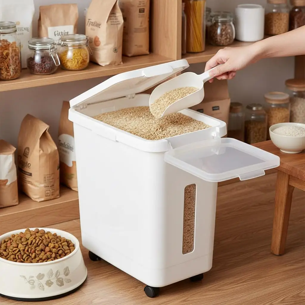 Bulk Storage Bin 11.4Gallon/50L For Kitchen Pantry Pet Feeding Commercial Bakery, Large Airtight Lid Wheels Scoop Scale Line