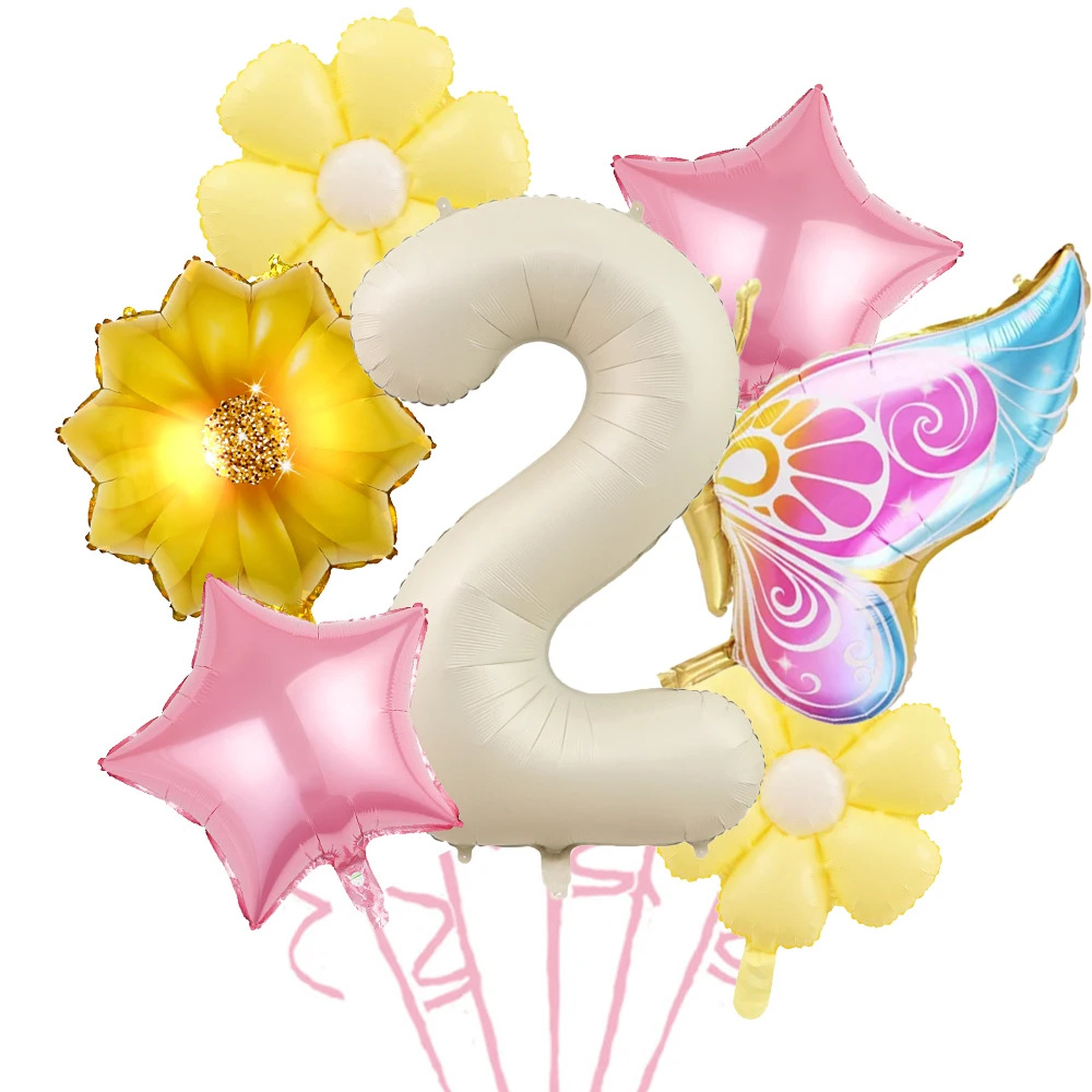 サイドフライングバタフライサンフラワーデイジーデジタルバルーンセット、誕生日パーティー、洗礼式、記念日に最適