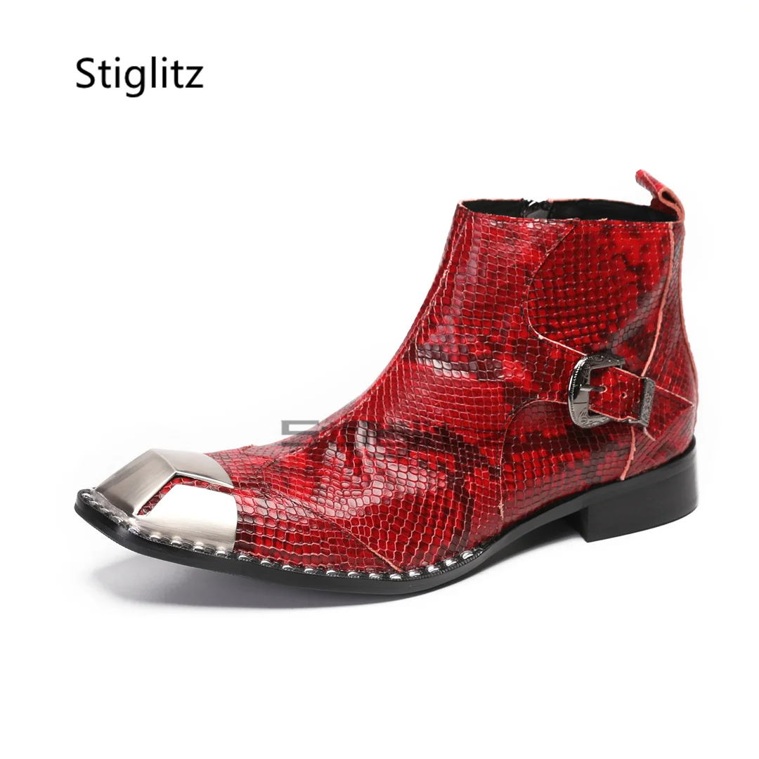 

Red Snake Pattern Ankle Boots for Men Belt Buckle Genuine Leather Men's Boots Metal Square Toe Banquet Dress Wedding Shoes