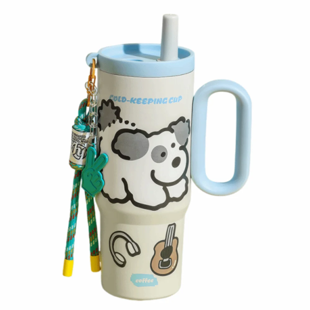

750ml Thermal Water Bottle Creative Leak Proof Drinking Straw Cup with Handle and Pendant Portable Cold Beverages Cups
