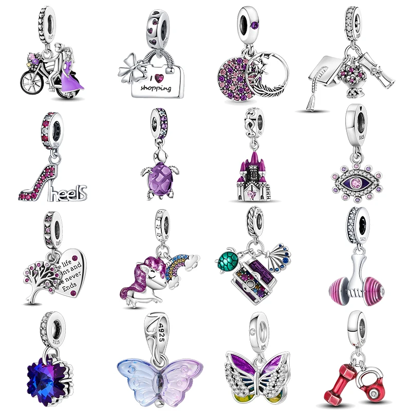 

925 sterling silver purple unicorn Butterfly Castle charms fit original bracelet charm bead necklace Diy female jewelry