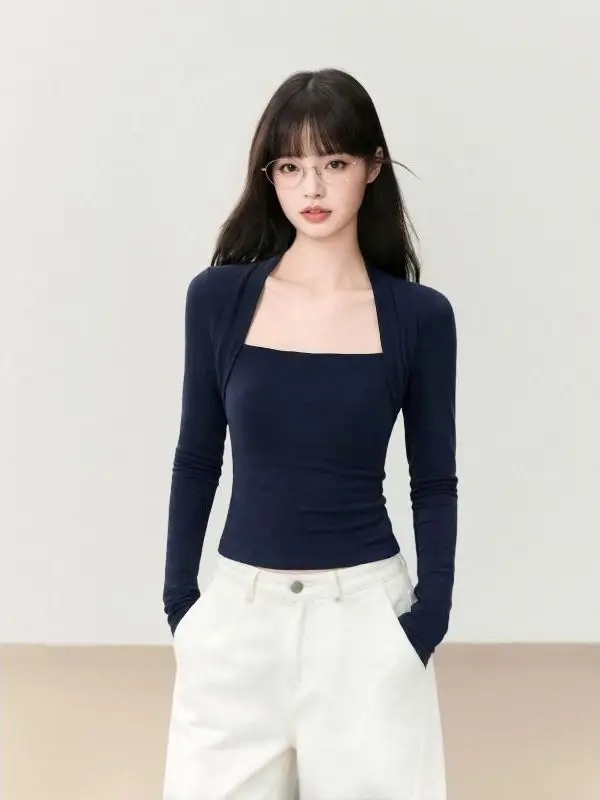 Color Block Short Sleeveless Women's T-shirt Slim Fit Waist Cinching Long Sleeve Fake Two-Piece Spring Autumn Seasonal Cotton...