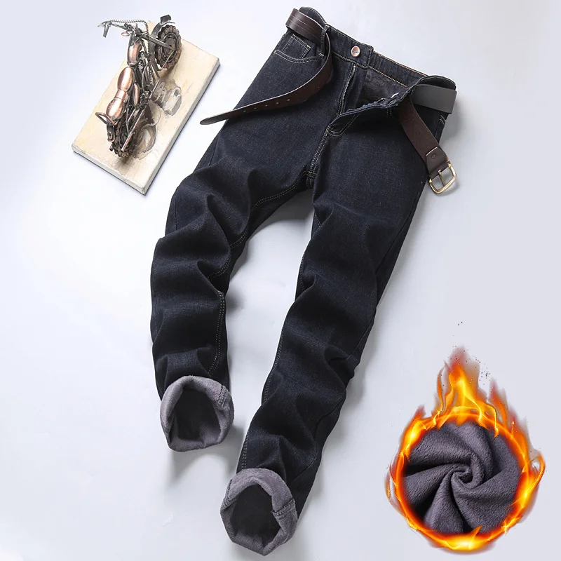 Winter Thermal Warm Flannel Stretch Jeans Mens Winter Quality Famous Brand Fleece Pants Straight Flocking Trousers Denim Jean