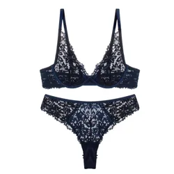 Women Sexy Lace Bra Set Thin See Through Unpadded Lingerie Elegant Ladies Micro Bikini Bra and Panty Set Underwear