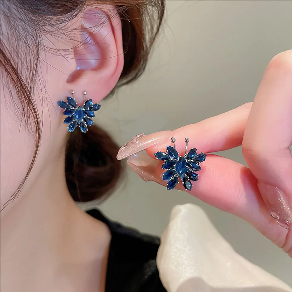 

Silvery Needle Black Blue Zircon Butterfly Earrings New Fashionable And Compact Design Elegant Simple Jewelry