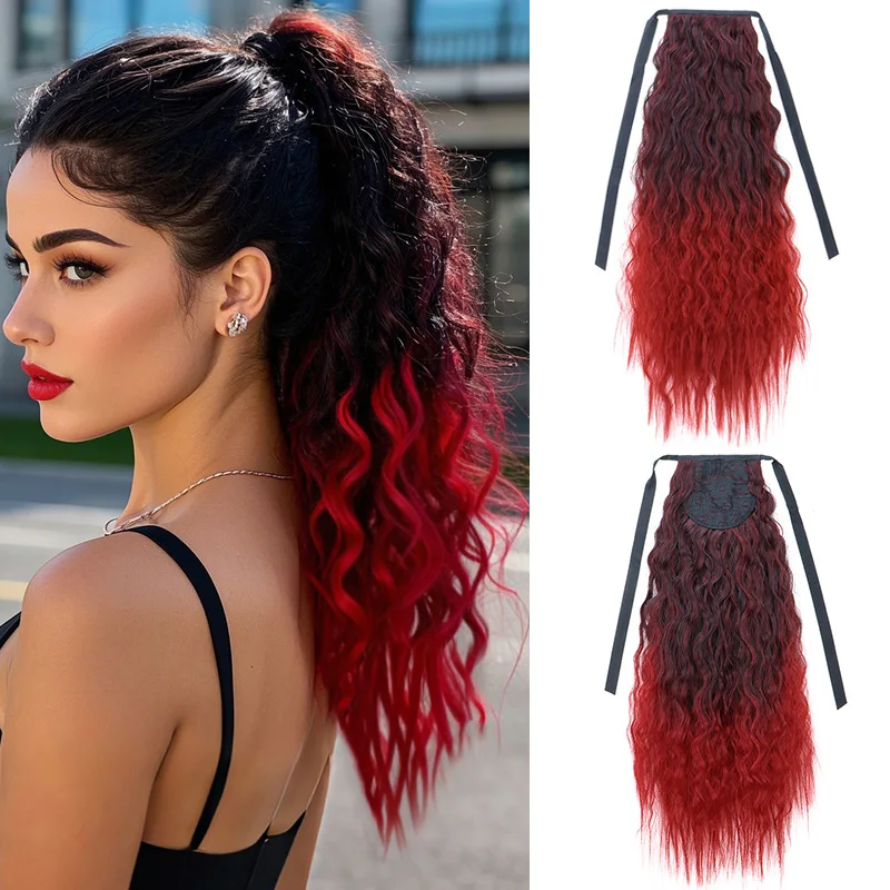 

24-дюймовый синтетический длинный курчавый вьющийся хвостик для наращивания волос на шнурке, заколка для волос, красный шиньон с эффектом омбре для женщин
