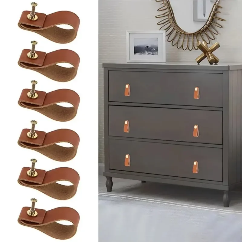 6Pcs Kitchen Dresser Knob Handmade Leather Cabinet Door Pulls Drawer Door Handle