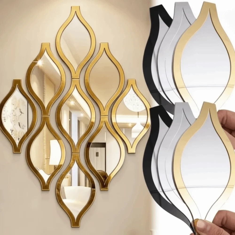 Acrylic Material Mirror Wall Sticker Golden Color Self-Adhesive Wall Mirror Decal Teardrop Shape Removable