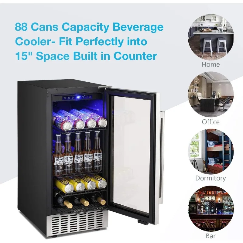 Antarctic Star 15 Inch Beverage Refrigerator Under Counter Built-in Wine Cooler Mini Fridge Clear Glass Door Digital Memory