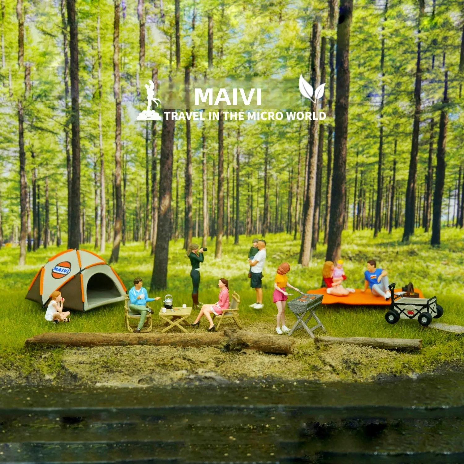 نماذج مصغرة للمناظر الطبيعية بمقياس :87، مشهد نزهة وشواء وتخييم على طاولة رملية مع تماثيل ذات تضاريس مغطاة بالطحالب #5