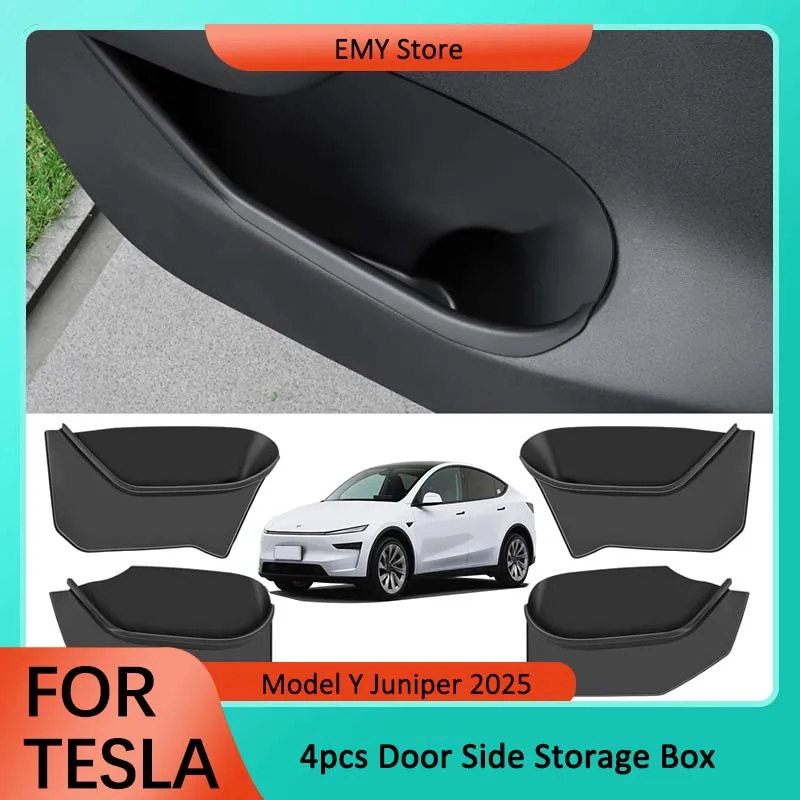 

For Tesla New Model Y Juniper 2025 Door Side Storage Box Door Handle Armrest Tray TPE Organizer Cover 4pcs/set Car Accessories