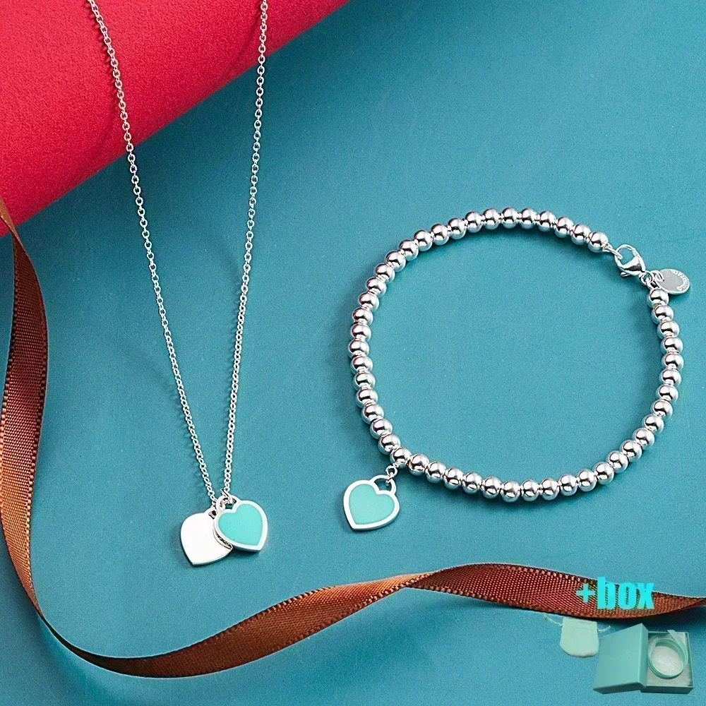 

2025 S925 Silver Classic Enamel Double Heart Bracelet Necklace High Quality Women's Bracelet Necklace Jewelry Set with Gift Box
