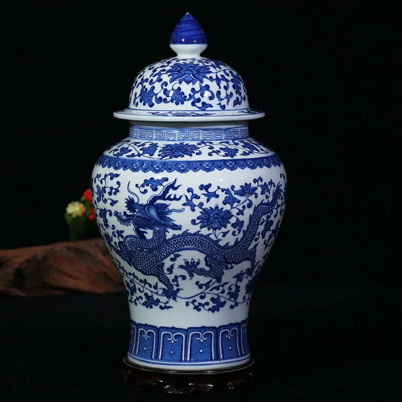 Chinese Blue and White Porcelain Floral Temple Jar Vase Dragon landscape Ceramic Ginger Jar with lid Oriental vases decoration