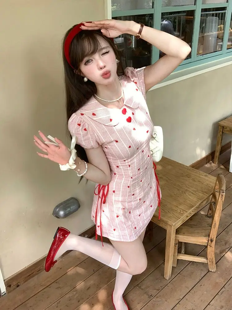 Sweet Heart Print Pink Y2k Dress Women 2025 Summer Drawstring Waist Slim Fit Mini Dresses Korean Fashion Party Vestidos