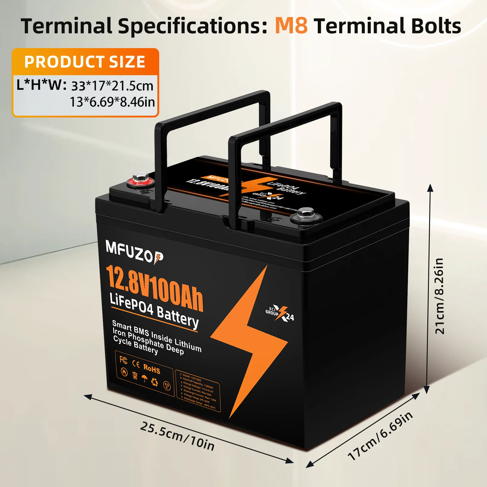 بطارية MFUZOP 12 فولت 100 أمبير LiFePO4 مع 100 أمبير BMS مثالية للمركبات الترفيهية وعربة الجولف ونظام الطاقة الشمسية ومحرك التصيد والقارب والطاقة الشمسية