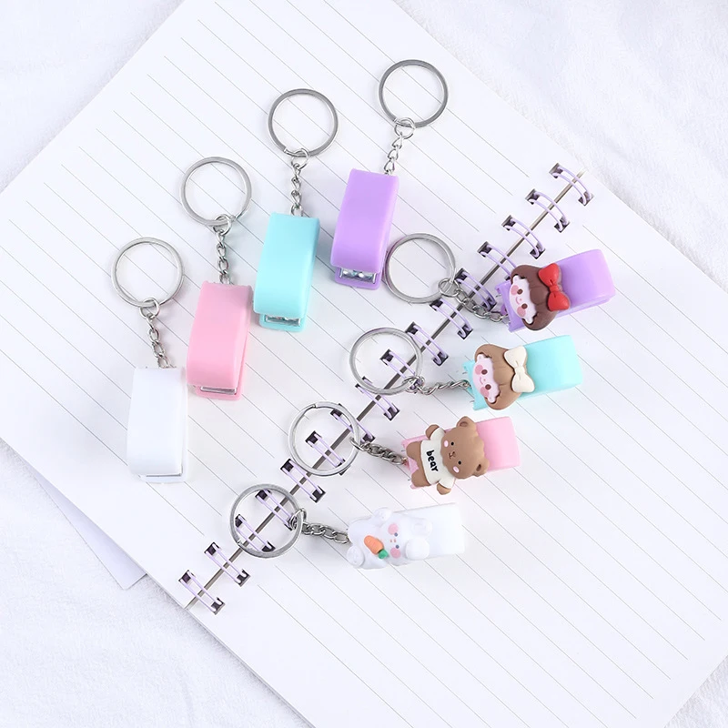 Macaron Color Cute Cartoon Mini Stapler Key Chain Student Creative stapler Convenient Key Ring Pendant 1 Pc