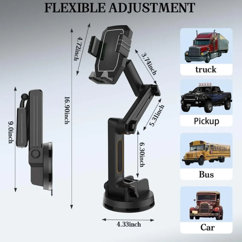 

Truck Phone Holder Mount Heavy Duty Cell Phone Holder For Truck Dashboard Windshield 16.9 Inch Long Arm Super Suction Cup Black