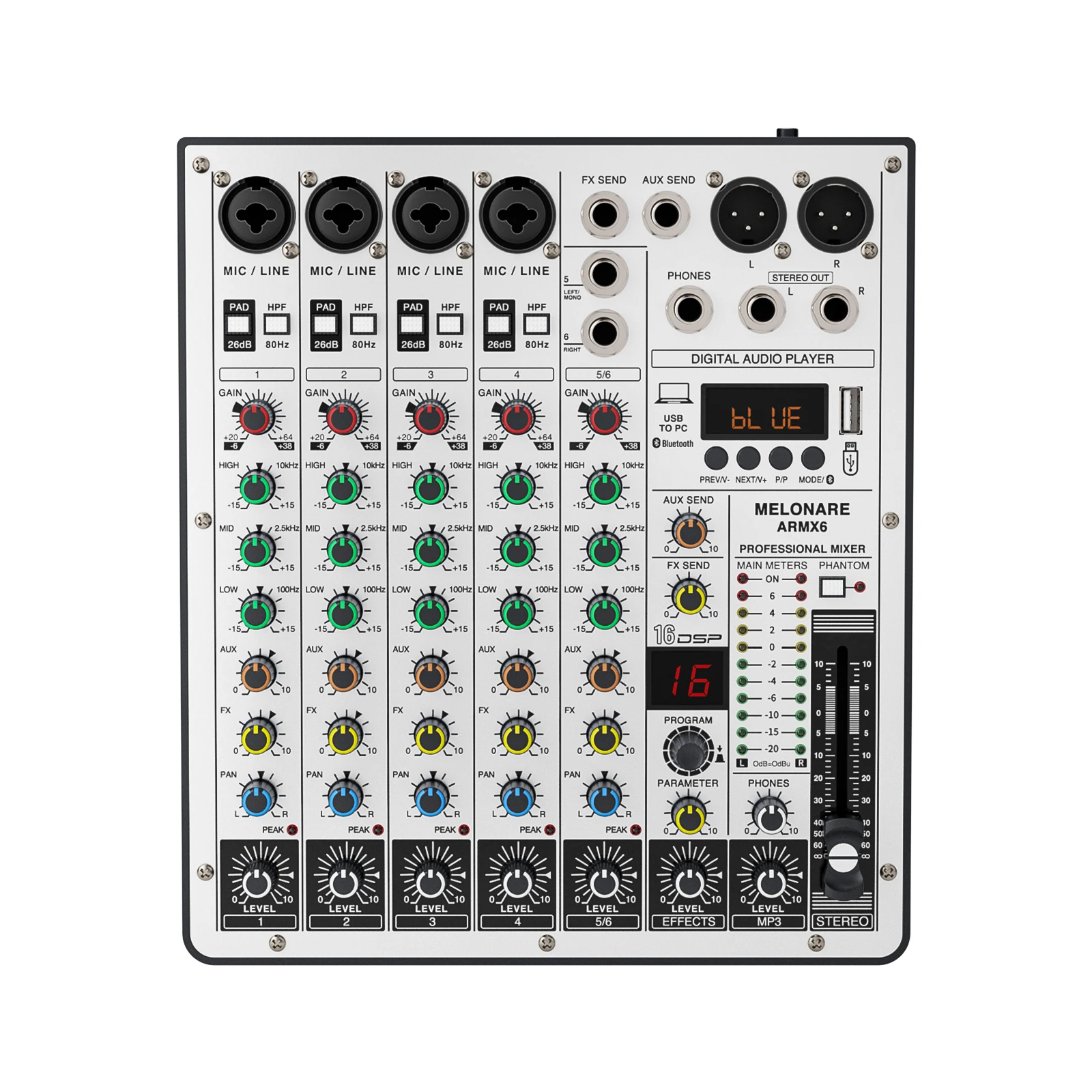 Mixer de áudio de 6 canais, mixer de DJ com interface de áudio USB, função Bluetooth, 16 efeitos DSP e EQ de 3 bandas (ARMX-6)