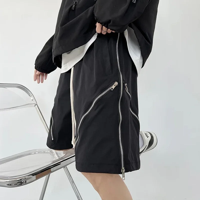 

Streetwear Mens Zip-up Design Shorts Spring Summer Casual Loose Straight Solid Color Shorts Men's Vintage Patchwork Shorts