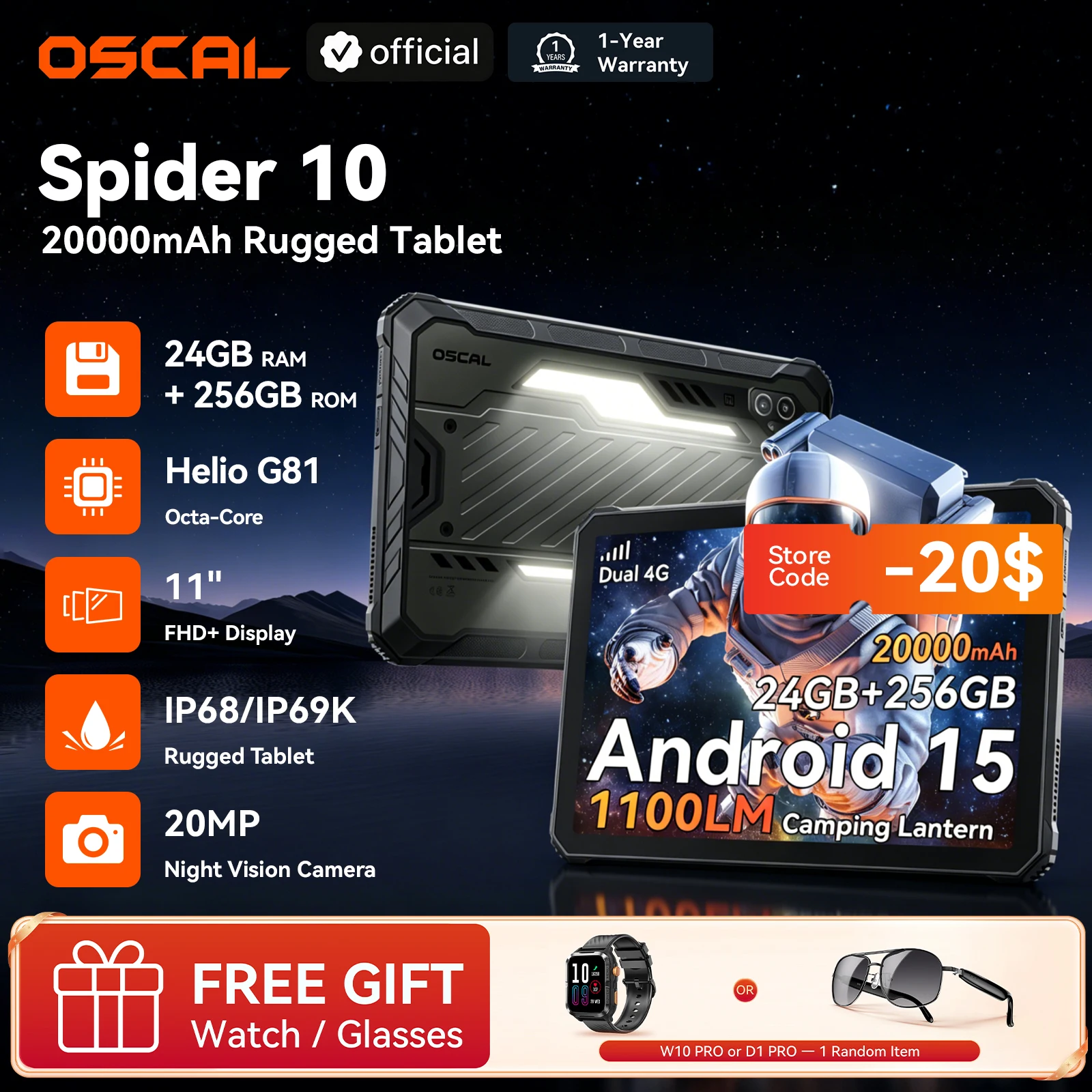 Blackview OSCAL SPIDER 10 Rugged Tablet Pad 11'' FHD+IPS Display  24GB(8+16) 256GB 20000mAh 45W MediaTek Helio G81 Android 15