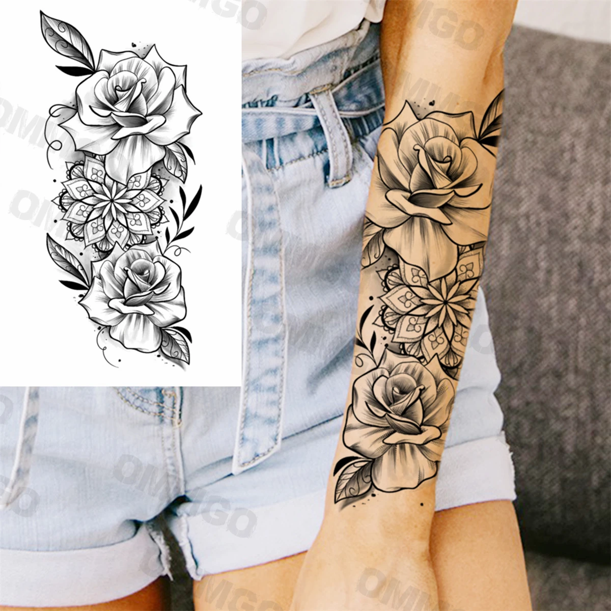 Realistic Lion Rose Flower Temporary Tattoos For Women Adult Girl Compass Skull Fake Tattoo Arm Thigh Body Art Waterproof Tatoos