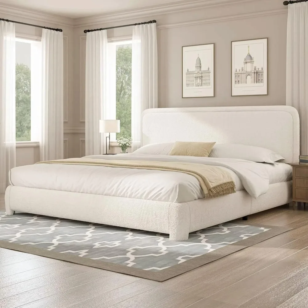 

King Bed Frame and Headboard, Boucle Upholstered Platform Bed Frame, Modern Style, Soft Rounded Corners, No Box Spring Required,
