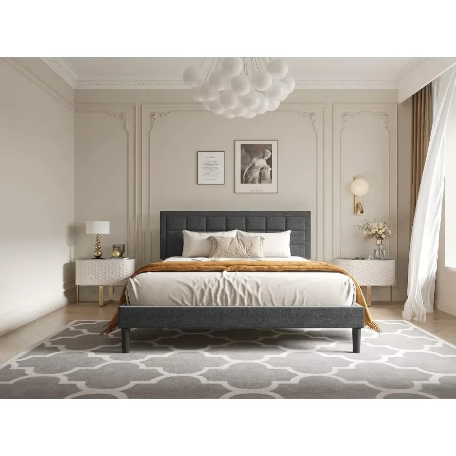 Nazhura Queen Size Bed Frame Upholstered Modern Low Profile Platform with Tufted Headboard/No Box Spring Needed/Linen Fabric Up