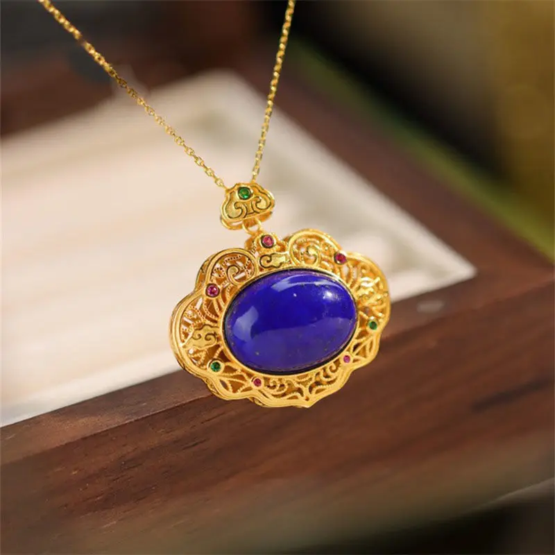 Classical lapis lazuli necklaces High sense Elegant simple ancient gold craft Hollow crystal dark blue pendant Fashion jewelry view 2