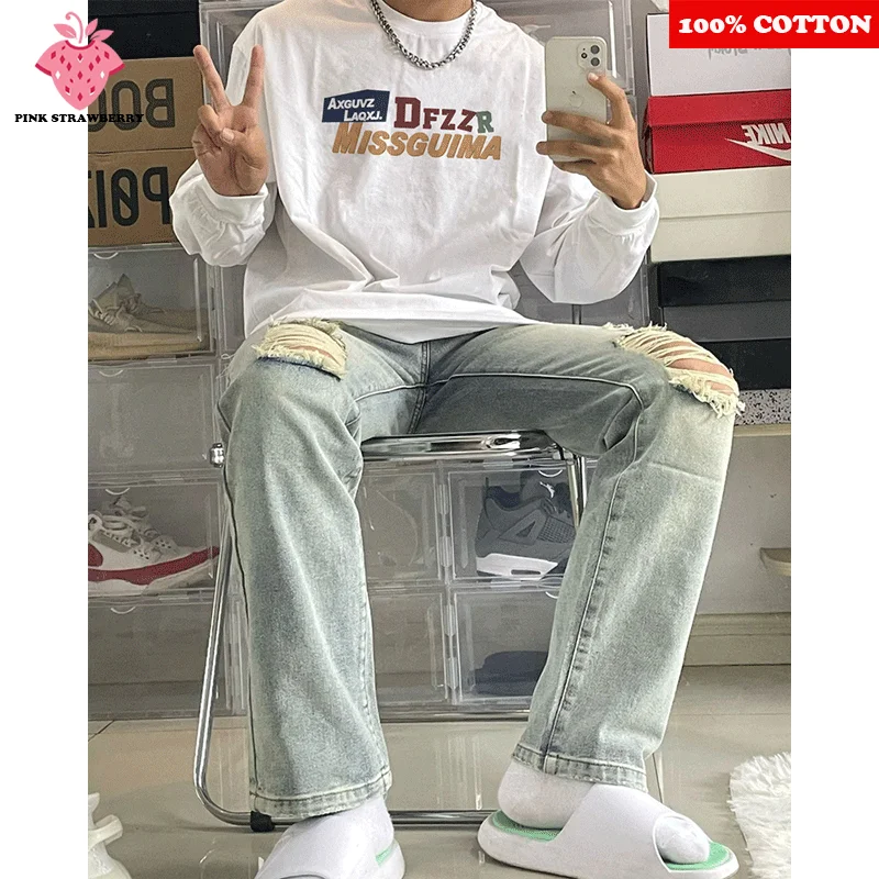 

American Hip-hop Letter Print T-shirt Men Autumn 2025 New 100% Cotton Oversize Long sleeved T-shirt Casual Y2k Top mens clothing