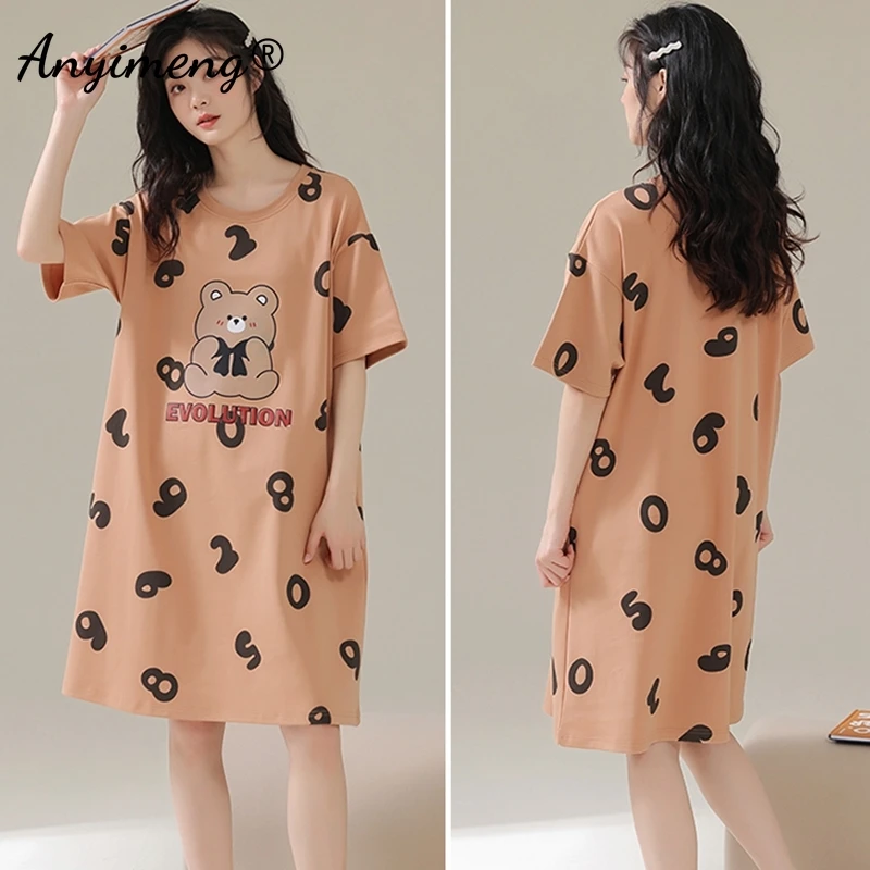 Summer Short Sleeves Sleepshirt Casual Nightdress Plus Size Milk Silk Women Nightgowns L-5XL Cartoon Sleepwear Woman Lingerie