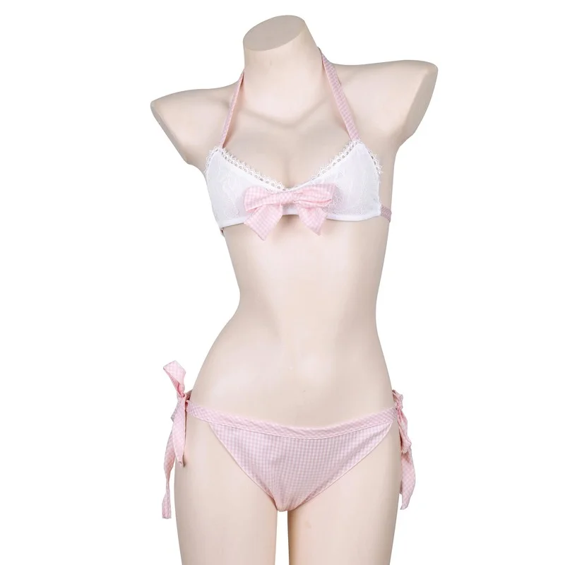 Japanischen Lolita Mädchen Rosa Weiß Plaid Spitze Bikini Set Süße Verband Pyjamas Bogen Unterwäsche Höschen Frauen Sexy Mini Dessous Set